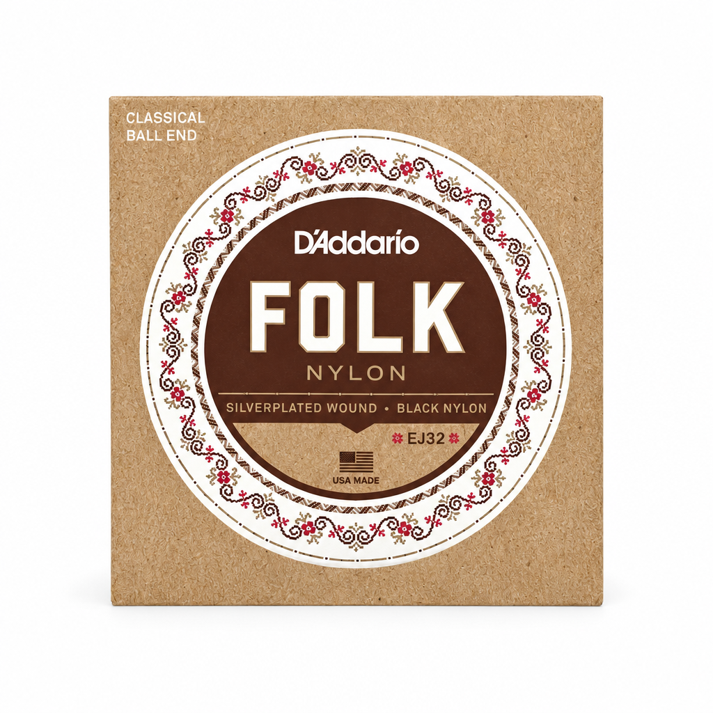Front view of the D'Addario EJ32 Folk Nylon ball-end guitar strings package, normal tension.
