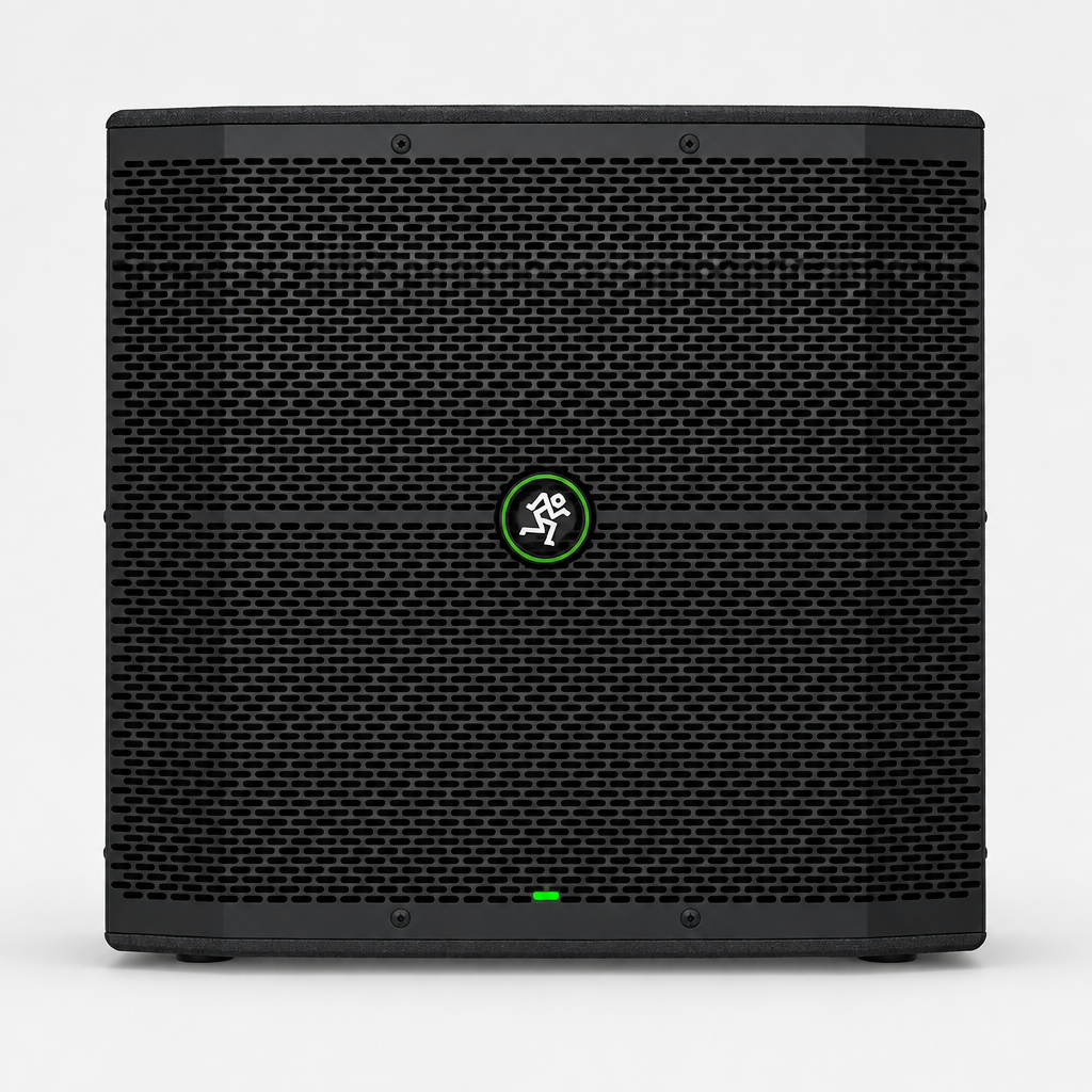 Full front view of the Mackie Thump115S 15-inch powered subwoofer with its front grille and Mackie badge.