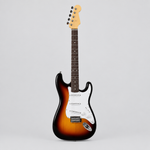 Full front view of the Vintage V6 ReIssued electric guitar in Sunset Sunburst with white pickguard and three single-coil pickups.