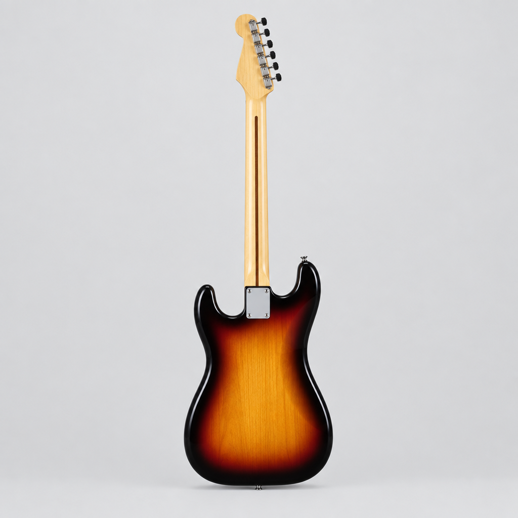 Full rear view of the Vintage V6 ReIssued electric guitar showing its double-cutaway body and sunburst finish.