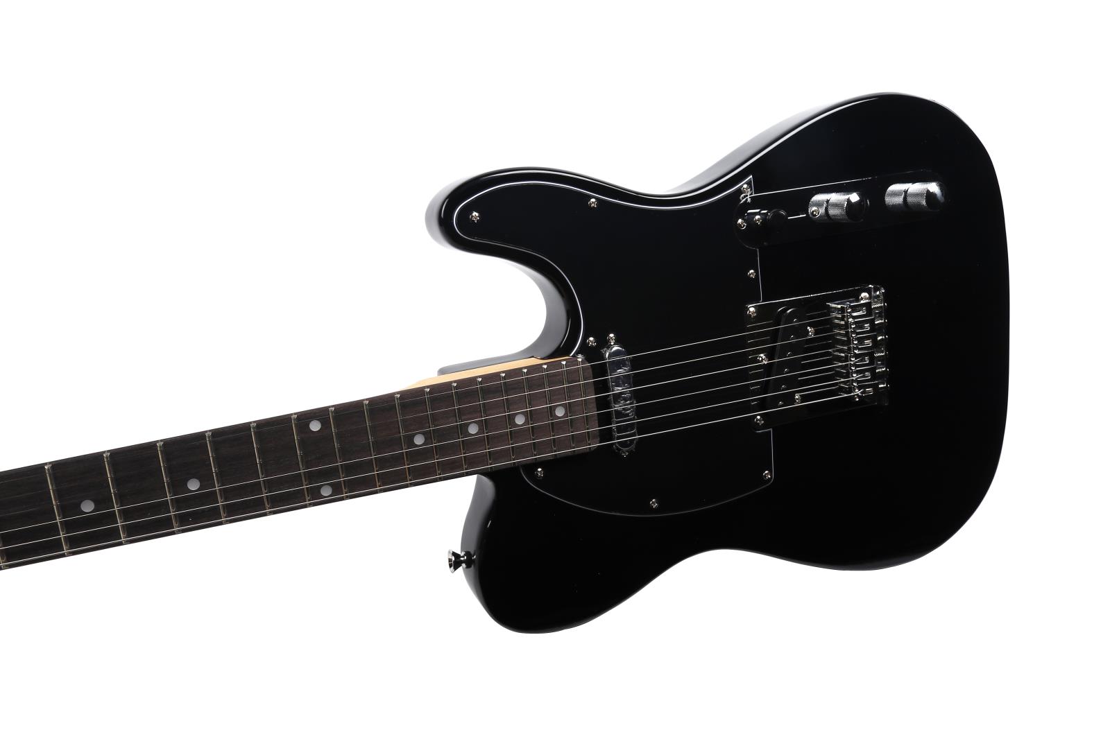 Black electric guitar on a white background