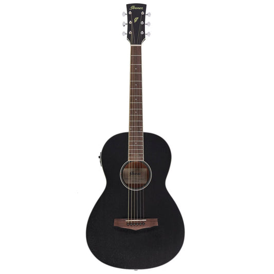 Black acoustic guitar on a white background