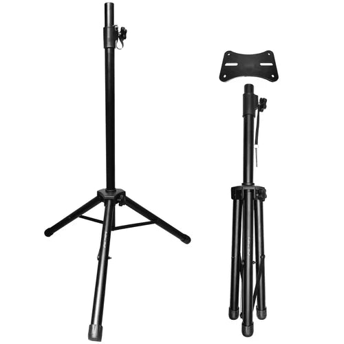 Two black adjustable stands on a white background