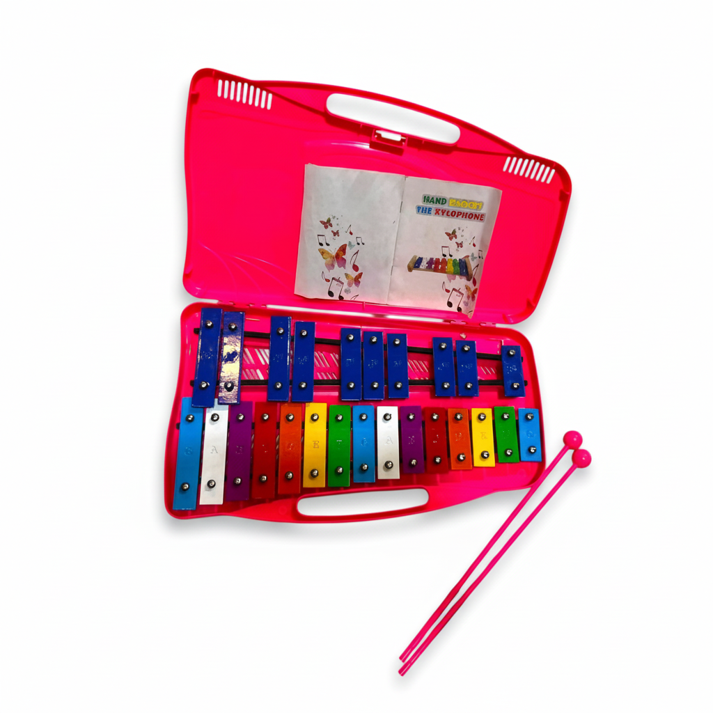 Kids learning xylophone with colorful keys and mallets on a white background