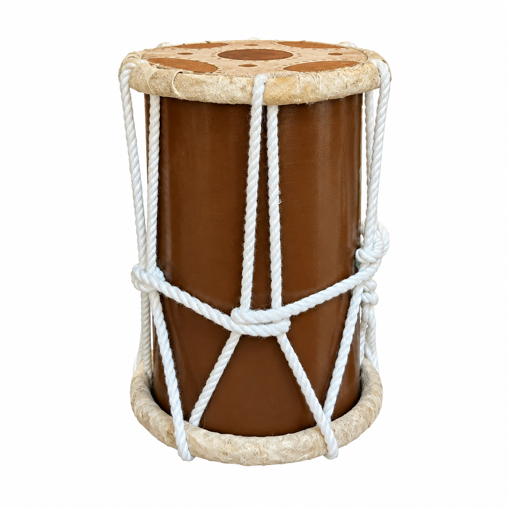 Front view of the brown Chasser medium Arabic drum with a light-colored head and white rope lacing