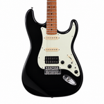 Straight close-up of the Smiger L-G2-i3 BK black electric guitar preserving its exact cream pickguard, pickups, tremolo bridge, strings, controls, finish, and visible hardware