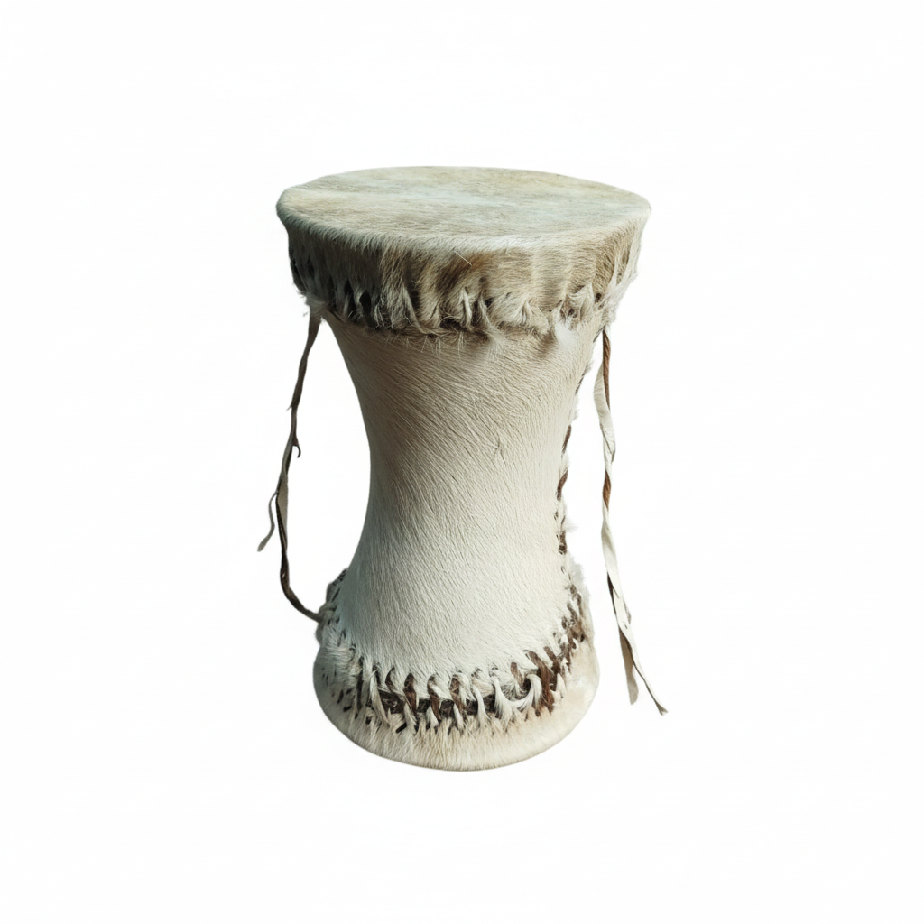 One unbranded African tribal hand drum shown upright from the front with its drumhead, body, decorative stitching, and hanging cords
