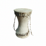 One unbranded African tribal hand drum shown upright from the front with its drumhead, body, decorative stitching, and hanging cords