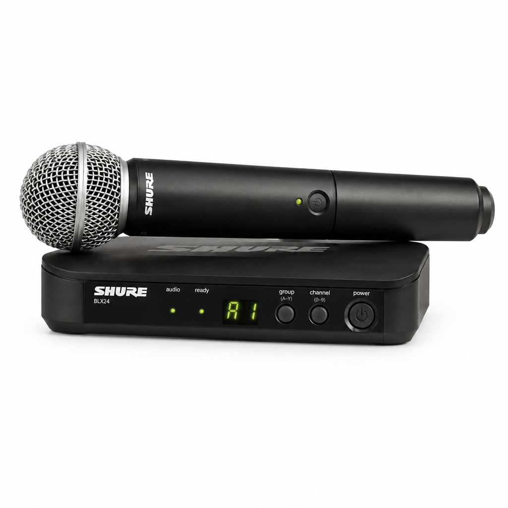 Three-quarter view of the Shure BLX24 receiver and SM58 handheld microphone