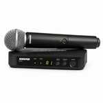 Three-quarter view of the Shure BLX24 receiver and SM58 handheld microphone