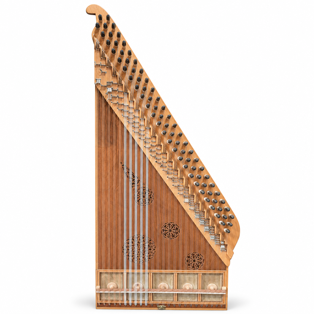 Arabic qanun instrument, complete straight front view showing its strings, tuning levers, wood finish, and circular soundholes