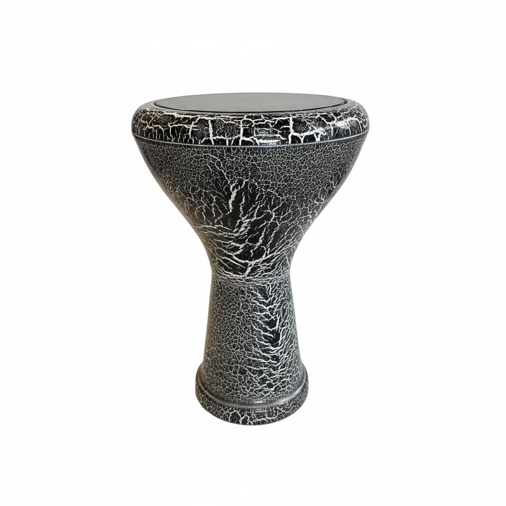Unbranded Syrian 8-Braghi Mukasir darbuka upright three-quarter view with a smooth rim and no visible screws, bolts, studs, or metal hardware