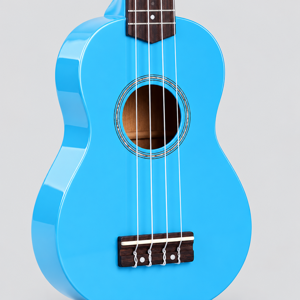 Close detail of the unbranded GK-10 blue soprano ukulele soundhole, bridge, four strings, and blue body finish