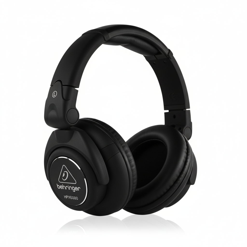 Behringer HPX6000 black professional DJ headphones shown from a three-quarter angle with Behringer branding, padded earcups, and folding headband