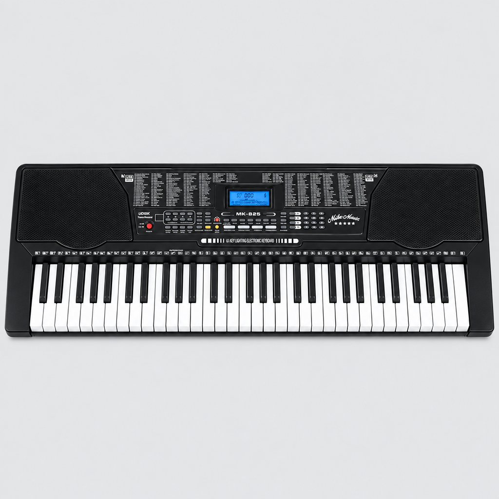 Unbranded MK825 electronic learning keyboard shown from the front with its 61 keys, LCD screen, speakers, and control panel