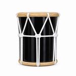 Side-profile view of the black Chasser medium Arabic drum showing its cylindrical shell and white rope lacing