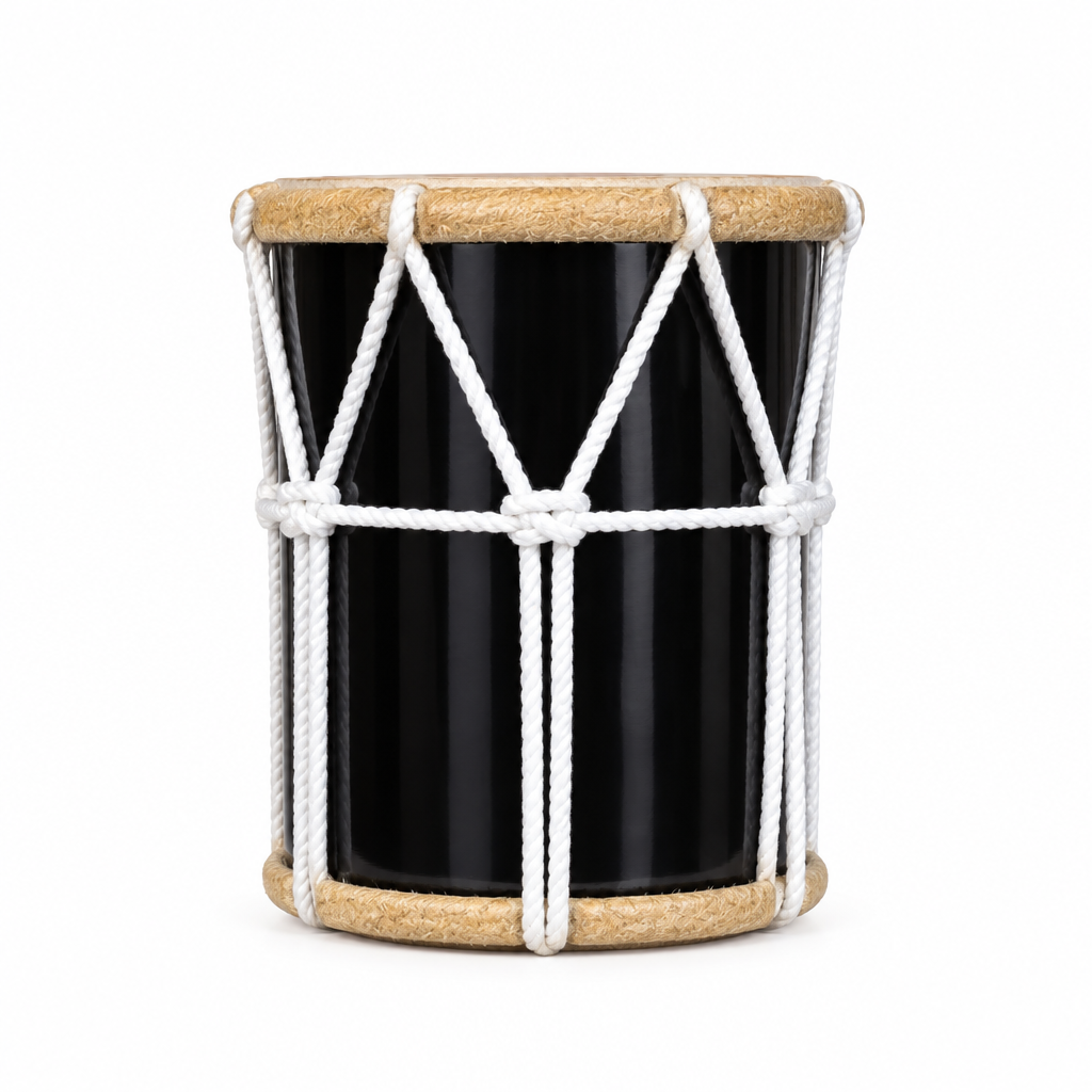 Side-profile view of the black Chasser medium Arabic drum showing its cylindrical shell and white rope lacing