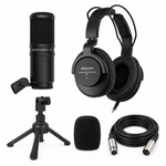 Complete Zoom ZDM-1PMP podcast microphone pack with mic, headphones, tripod, windscreen and cable