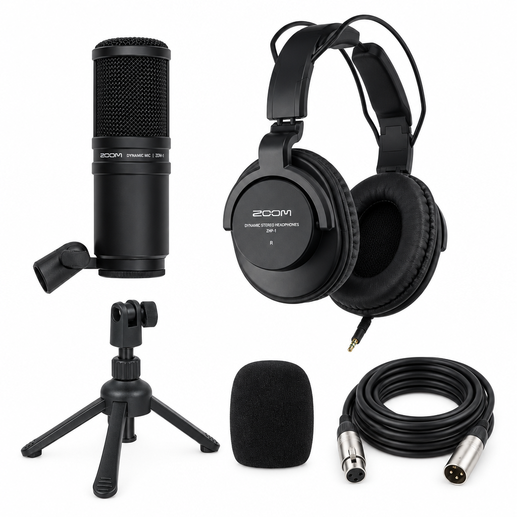 Complete Zoom ZDM-1PMP podcast microphone pack with mic, headphones, tripod, windscreen and cable