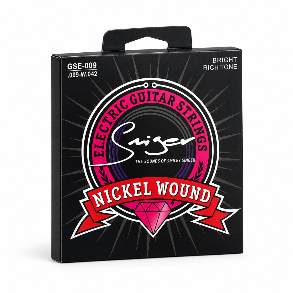 Smiger GSE-009 .009-.042 nickel wound electric guitar strings package, three-quarter angled view showing package thickness and original manufacturer design