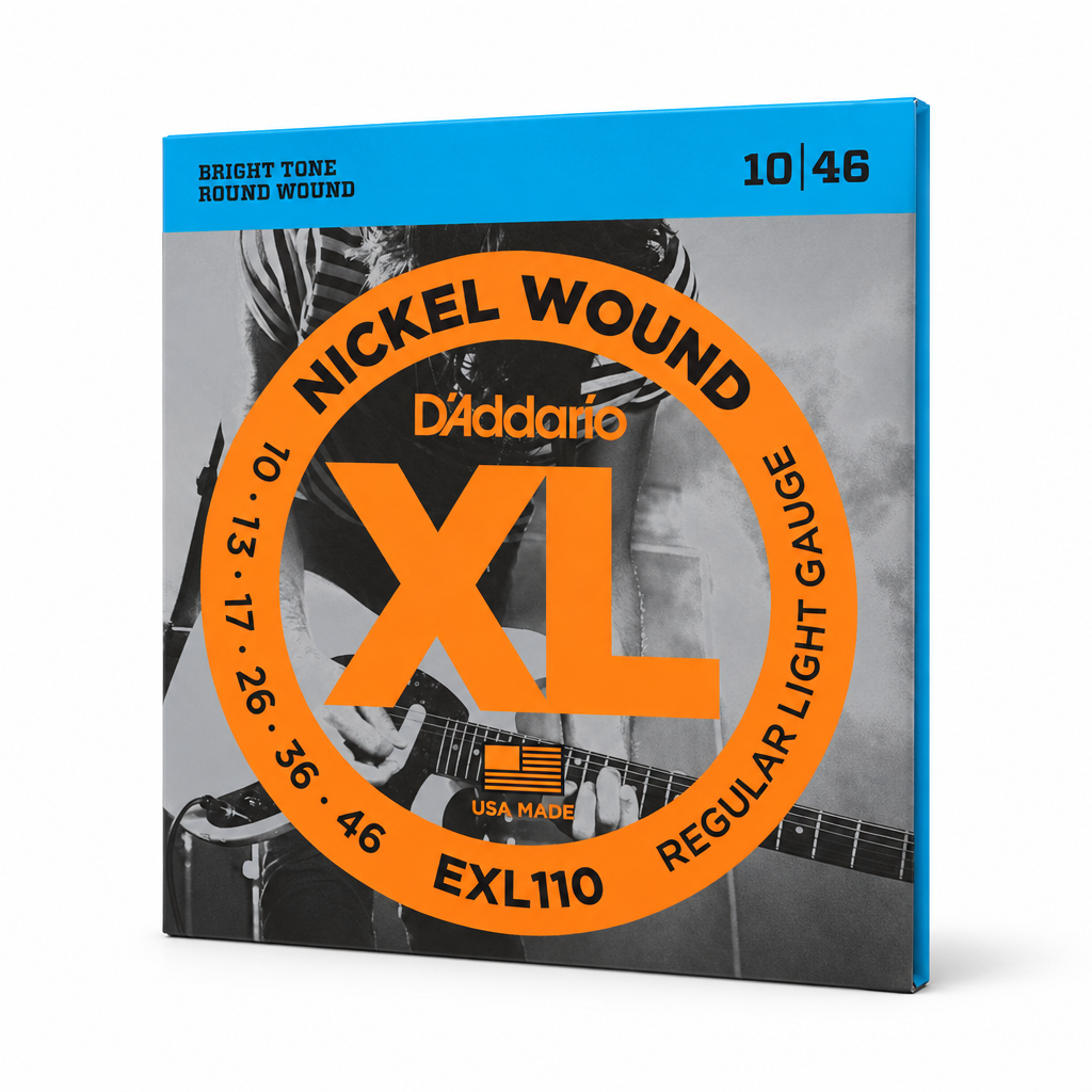 Three-quarter view of the D'Addario EXL110 Regular Light nickel-wound electric guitar string package