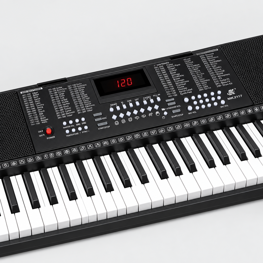 Close detail of the unbranded MK2117 electronic keyboard display, control panel, speakers, buttons, and upper keys