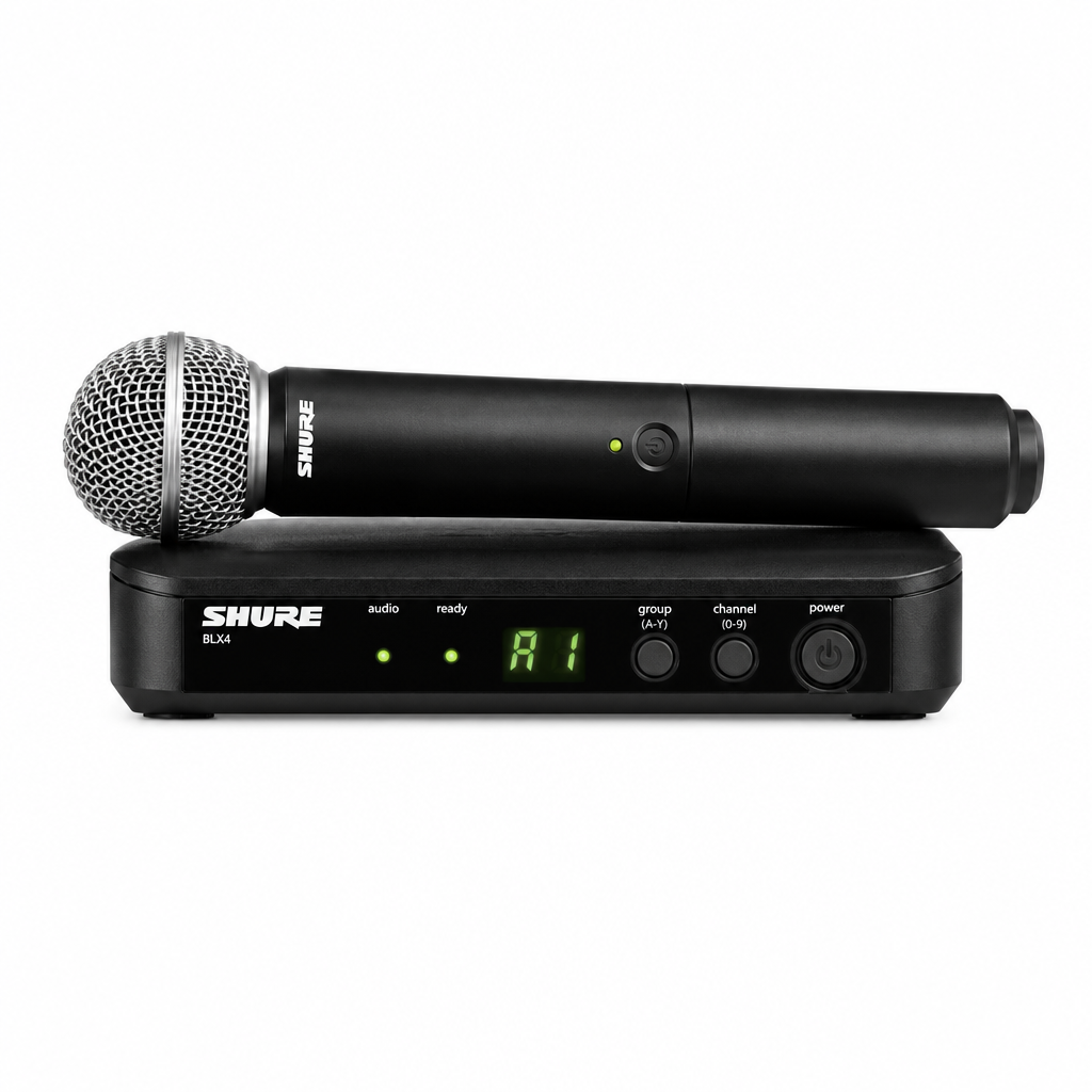 Shure BLX4 receiver shown with the SM58 handheld microphone from the BLX24UK/SM58-H8E system.