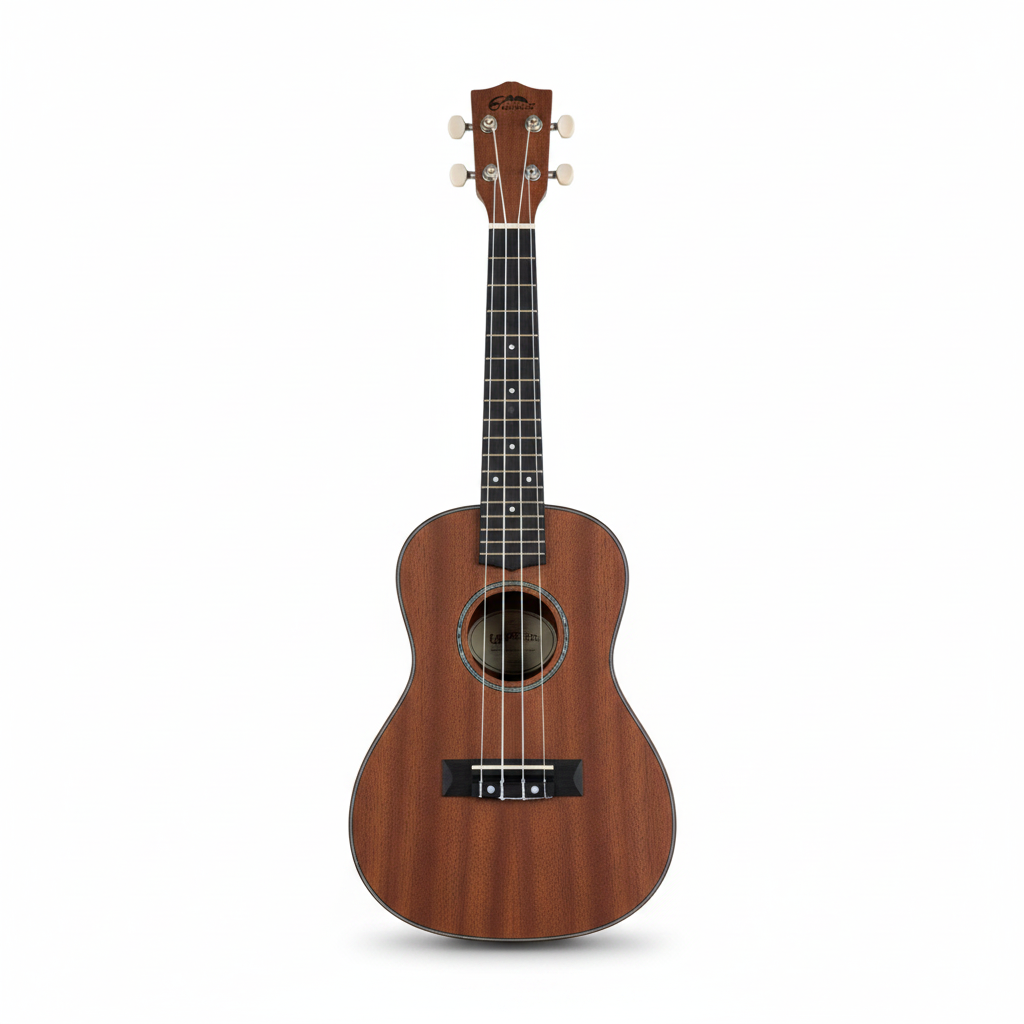 Unbranded 23-inch concert ukulele XU23-2 shown upright from the front with its natural wood finish on a white background