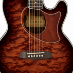 Straight-on detail of the Ibanez TCM50-VBS integrated wooden marquetry pickguard, AP2 magnetic pickup, and strings.