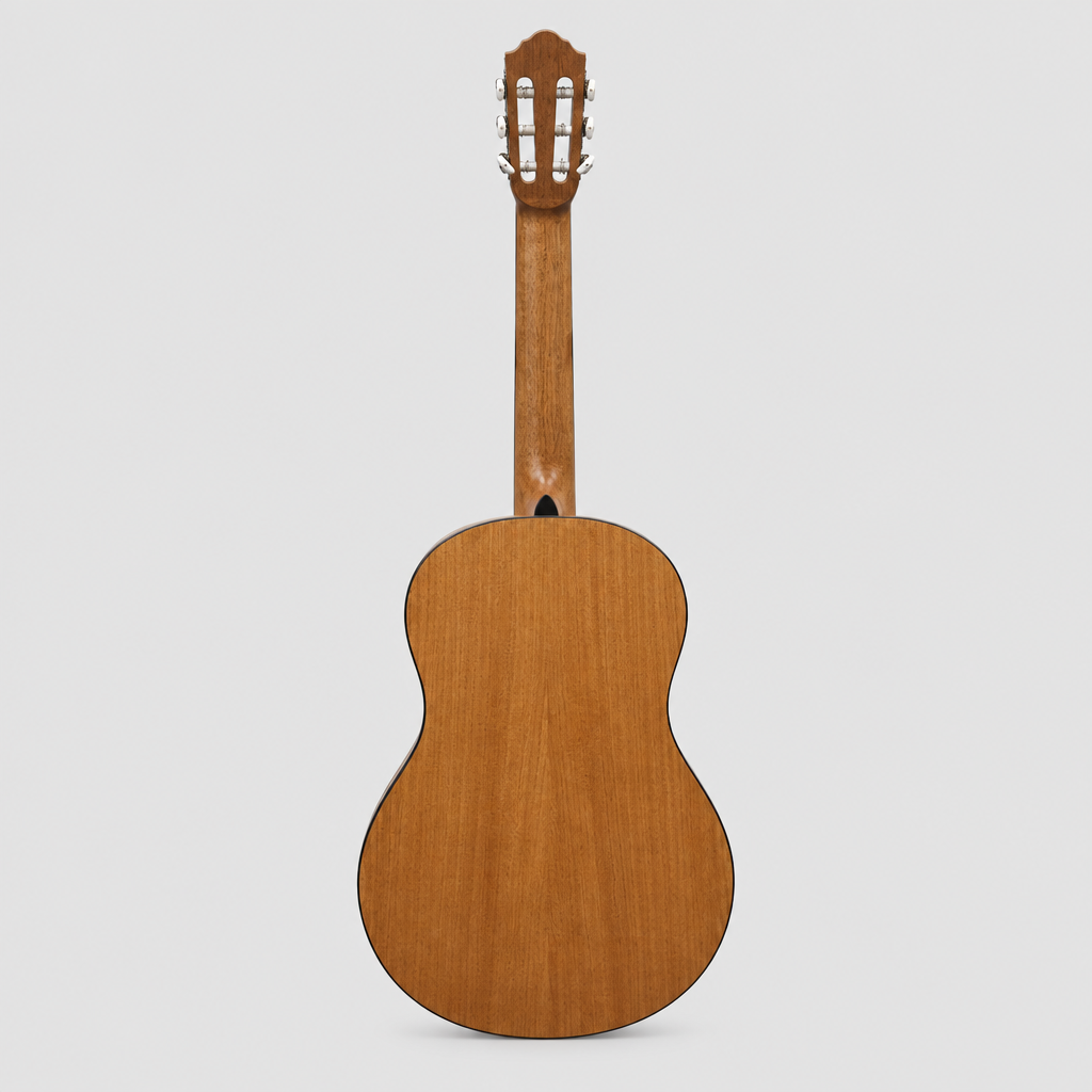 Straight-on full back view of the Flight C100NA 1/4-size classical guitar, matching the natural-brown back design in the supplied reference photo.