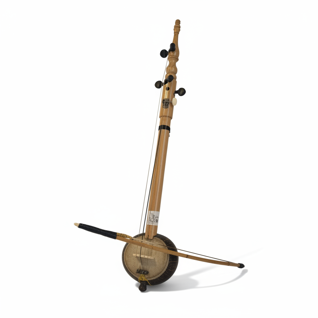 Egyptian rababa shown from a front three-quarter angle with bow and string components on a white background