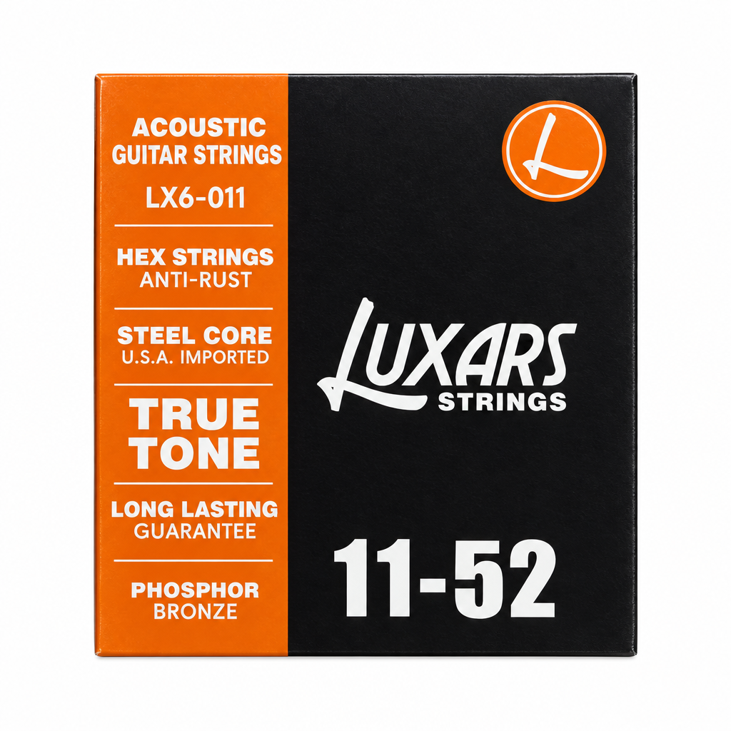 Luxars LX6-011 11-52 phosphor bronze acoustic guitar strings package, full front view with original manufacturer packaging and no external stickers or labels