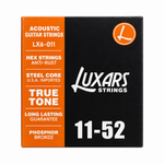 Luxars LX6-011 11-52 phosphor bronze acoustic guitar strings package, full front view with original manufacturer packaging and no external stickers or labels