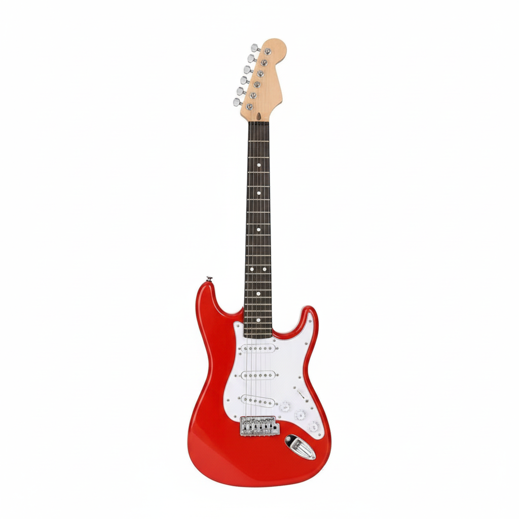 Unbranded red kids electric guitar shown upright from the front with white pickguard, pickups, controls, and compact body on a white background