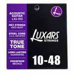 Close-up of the Luxars LX6-010 phosphor bronze acoustic guitar strings package showing the original 10-48 gauge and package specifications