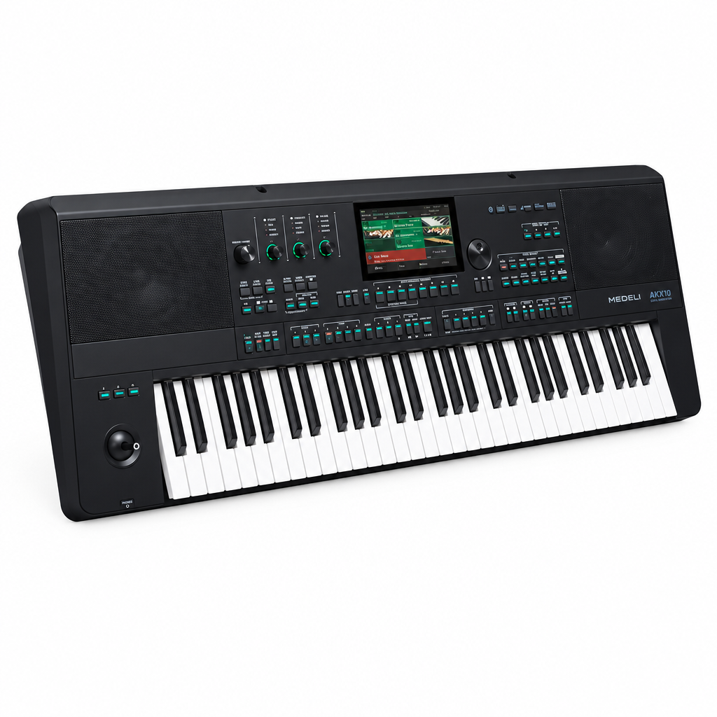 Three-quarter front view of the Medeli AKX10 keyboard showing its touchscreen and full keybed