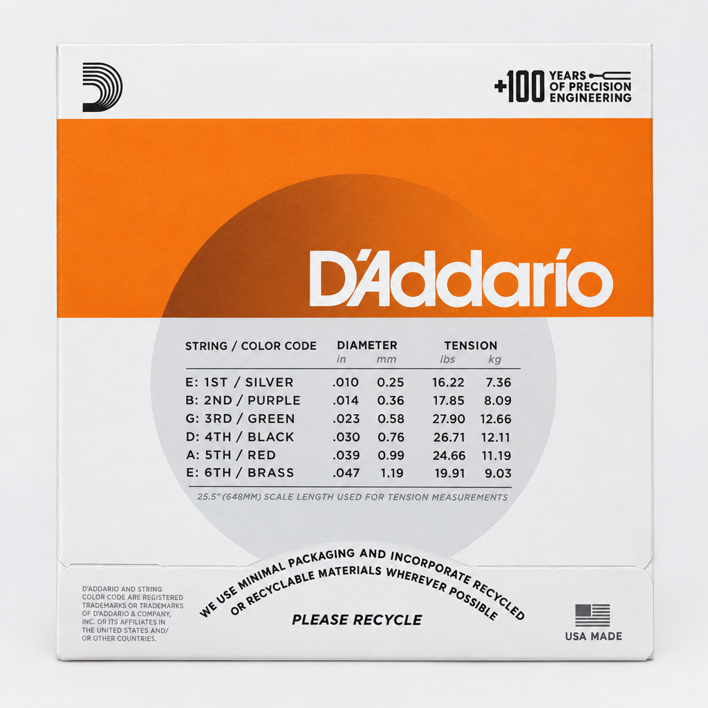 Full back view of the D'Addario EJ15 acoustic strings package showing its string gauge chart.
