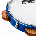 Macro close-up of Power Beat blue riqq copper jingles and mounting clips