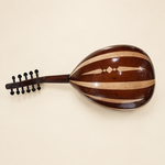 Horizontal rear view of oud showing striped wooden bowl and diamond inlays on ivory background