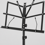 Close detail of the unbranded P-01 music stand tray, page retainers, angle adjustment knob, and center post