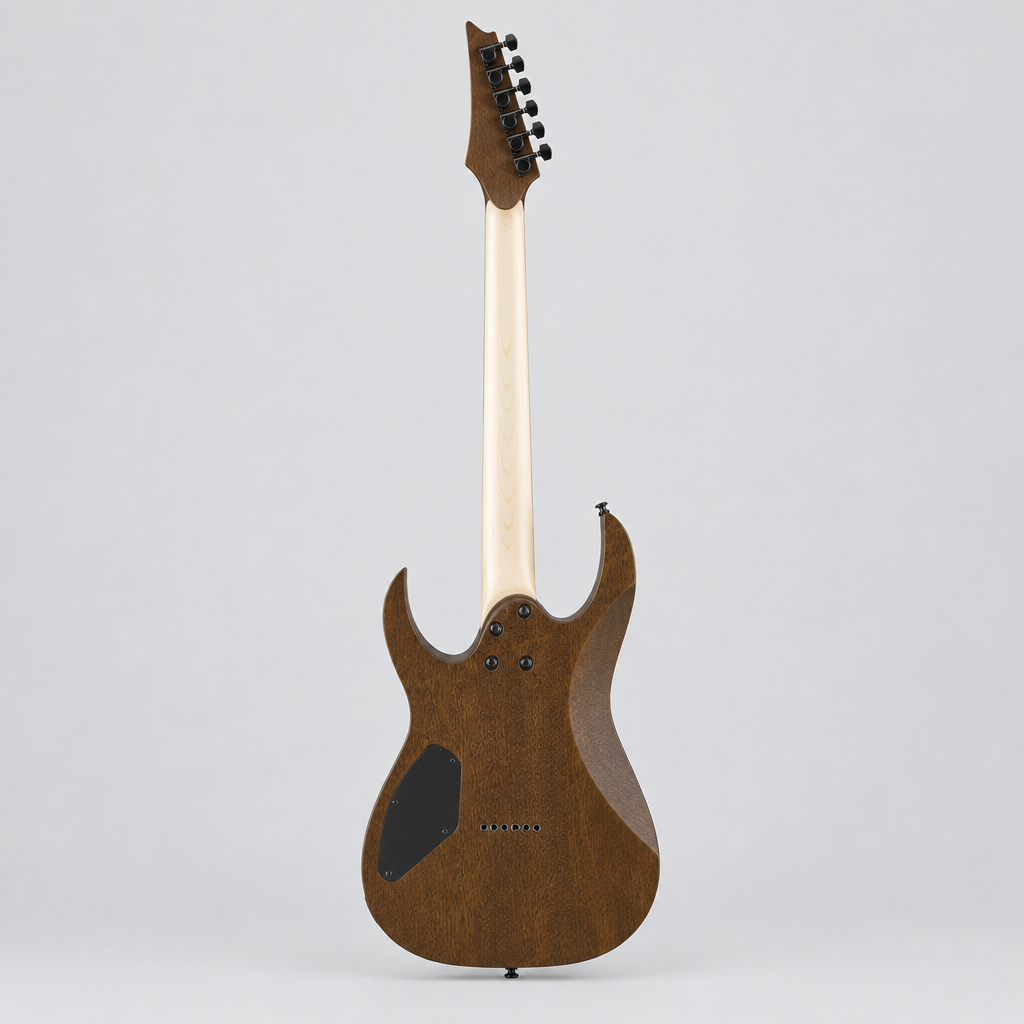 Straight-on full rear view of the Ibanez GRG121DX GIO electric guitar in Walnut Flat.