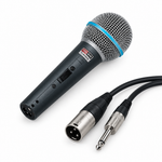 Tolaye TUM5800 wired dynamic microphone and XLR-to-jack cable connectors, angled view