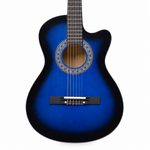 Natural close-up of the Grape 38-inch blue acoustic guitar showing the soundhole, strings, bridge, fretboard, and continuous blue finish