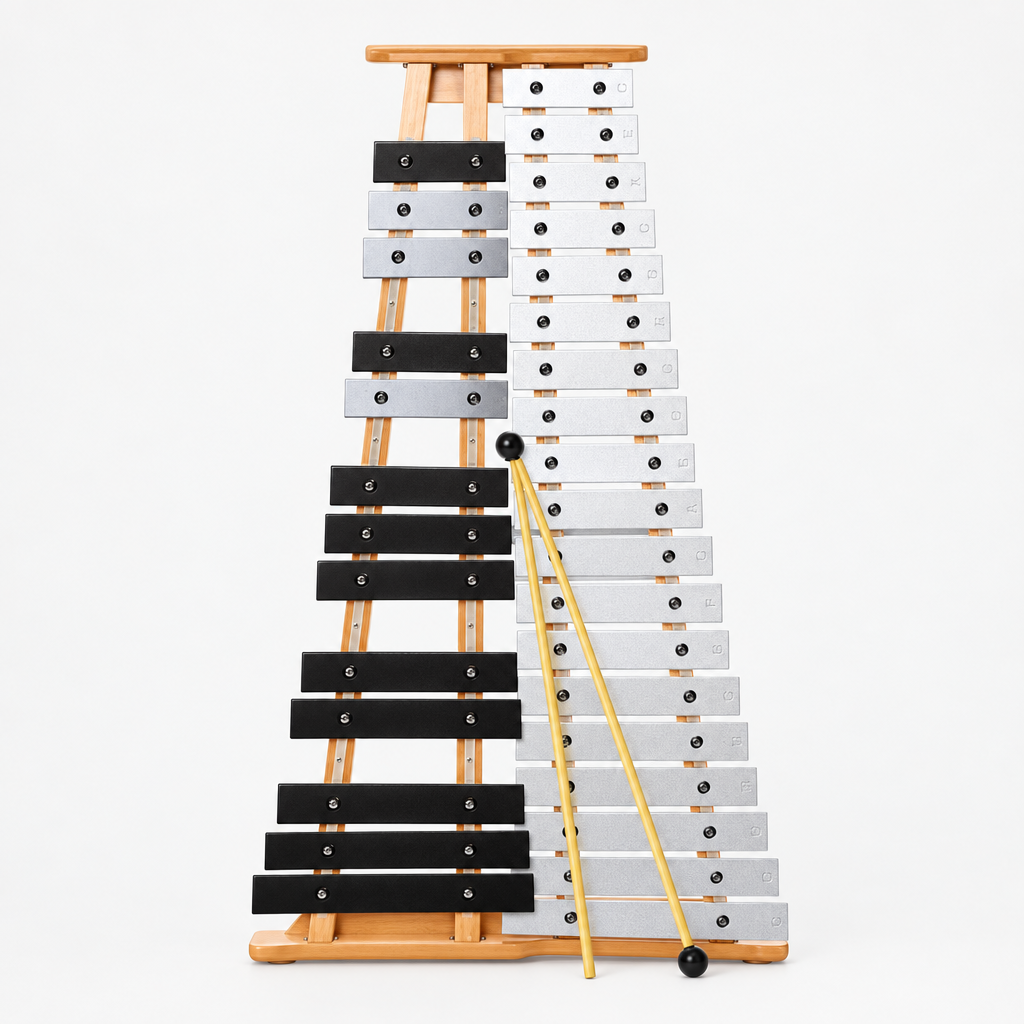 Straight-on front view of the Power Beat 8032NC 32-key aluminum-bar xylophone with mallets.