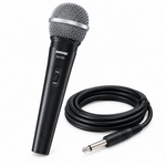 Three-quarter view of the Shure SV100 microphone, on/off switch, and cable