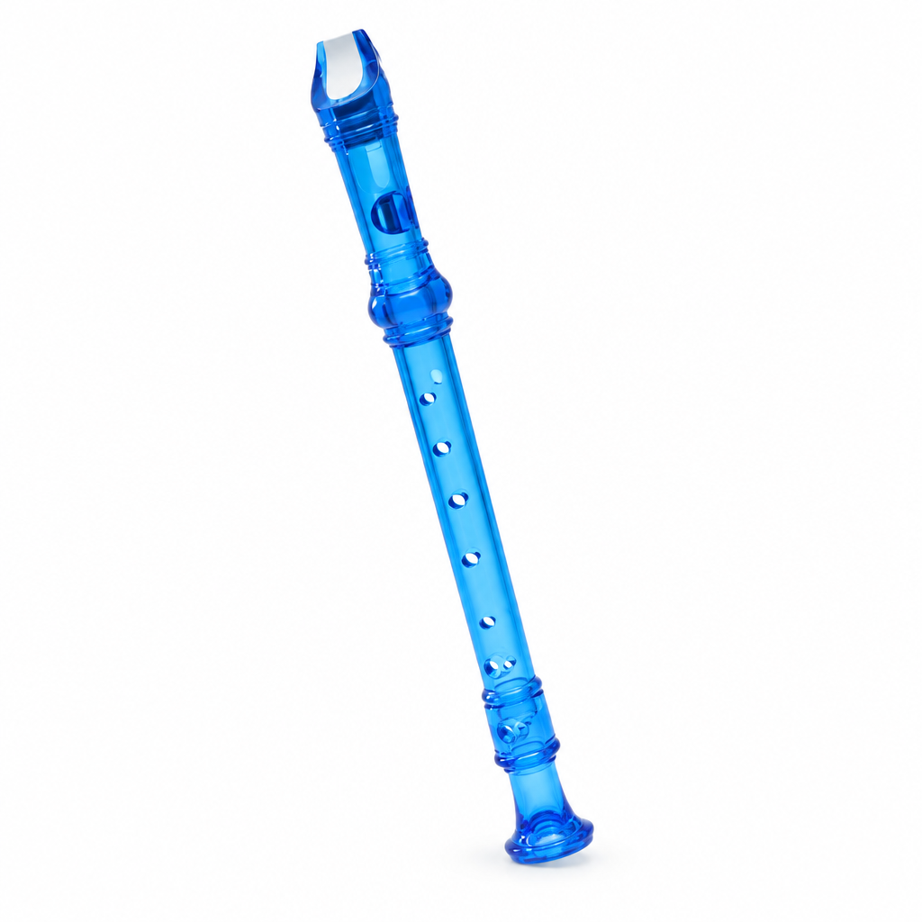 Blue soprano recorder angled view