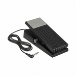 Roland EV-5 expression pedal shown at an angle with black and white treadle, Roland branding, minimum volume knob, fixed cable, and TRS connector
