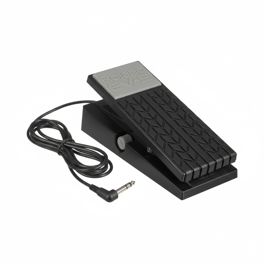 Roland EV-5 expression pedal shown at an angle with black and white treadle, Roland branding, minimum volume knob, fixed cable, and TRS connector