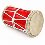 Red Chasser Arabic drum resting horizontally, showing the drumhead and rope-laced shell