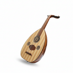 EGY HLX Egyptian oud shown diagonally with its full pear-shaped body, rosettes, strings, and tuning pegs on a white background